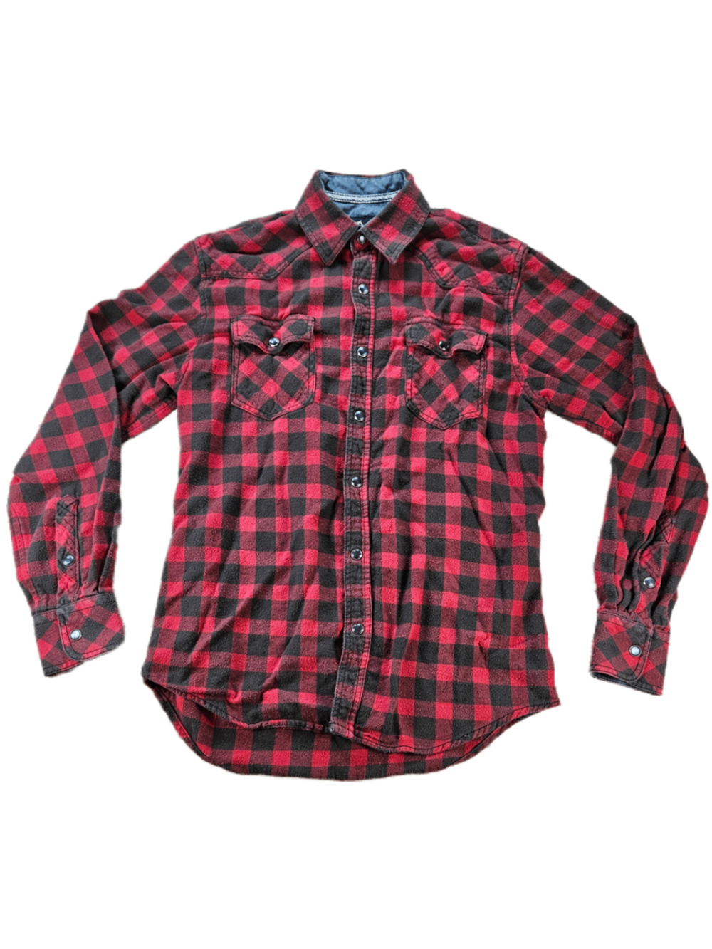 Duke's Men's Casual Button-Down Shirt Red Black Plaid Small Cotton Flannel Snap